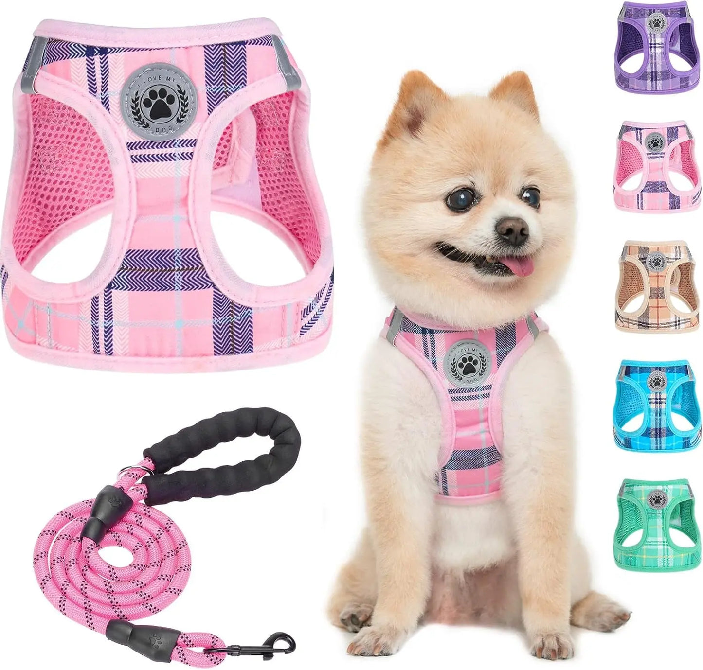 Step-In Dog Harness & Leash Set in Various Patterns – Reflective No Pull (XS- XL) Pink