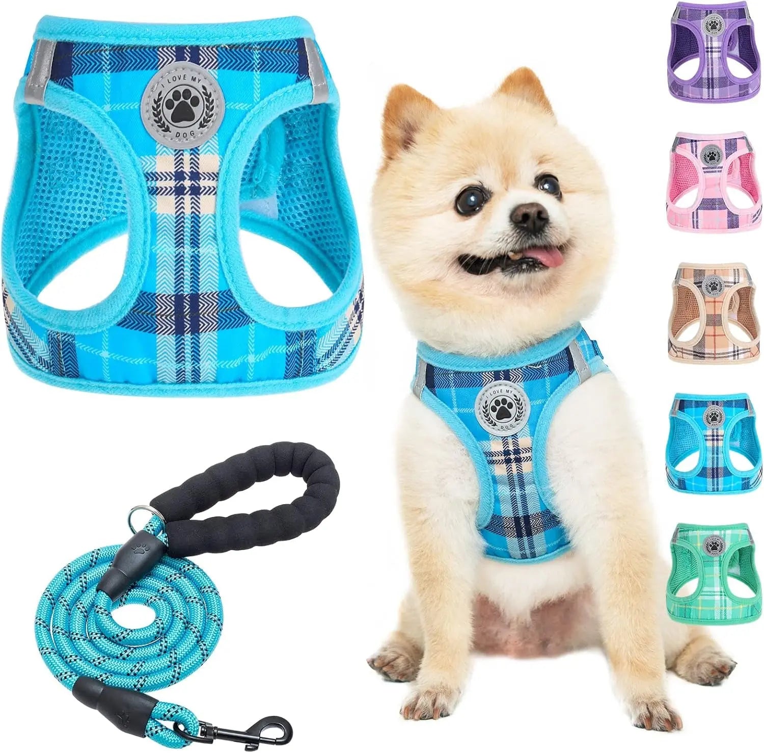 Step-In Dog Harness & Leash Set in Various Patterns – Reflective No Pull (XS- XL) Blue