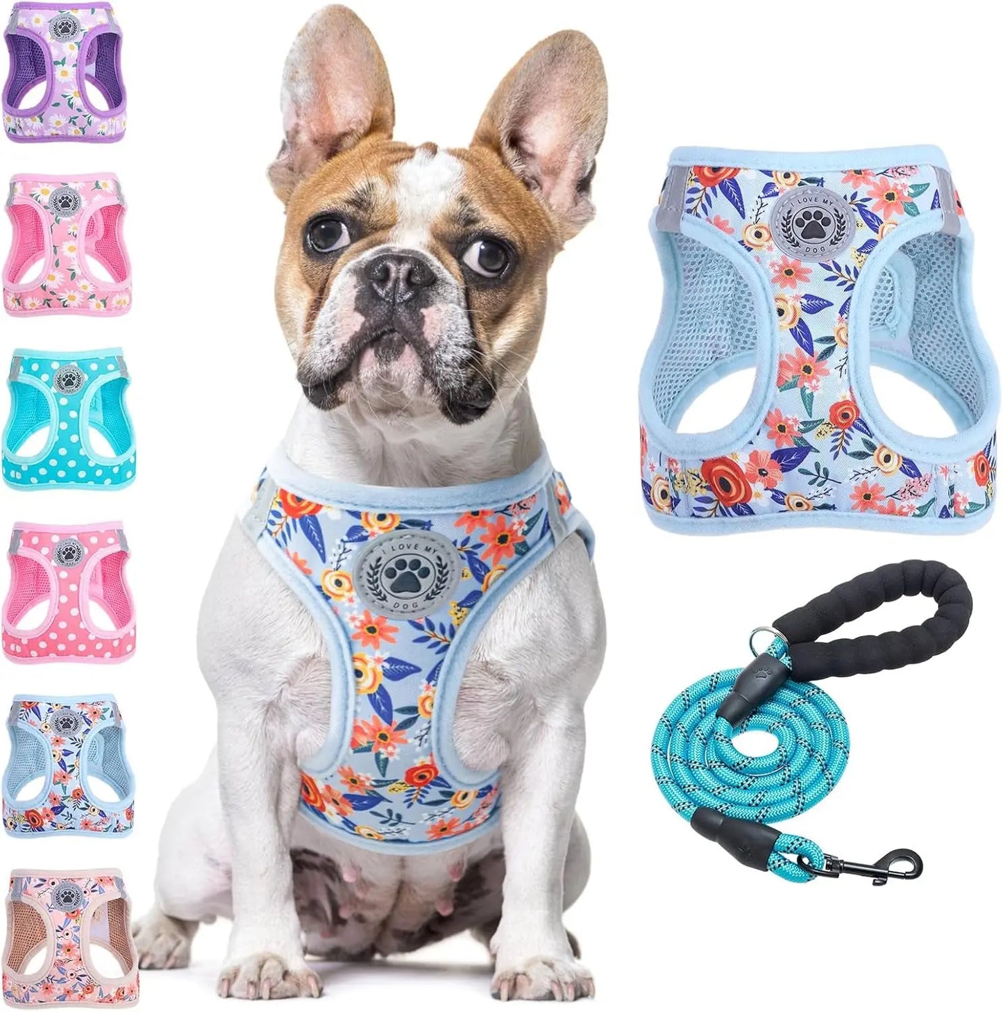 Step-In Dog Harness & Leash Set in Various Patterns – Reflective No Pull (XS- XL) Blue Rose