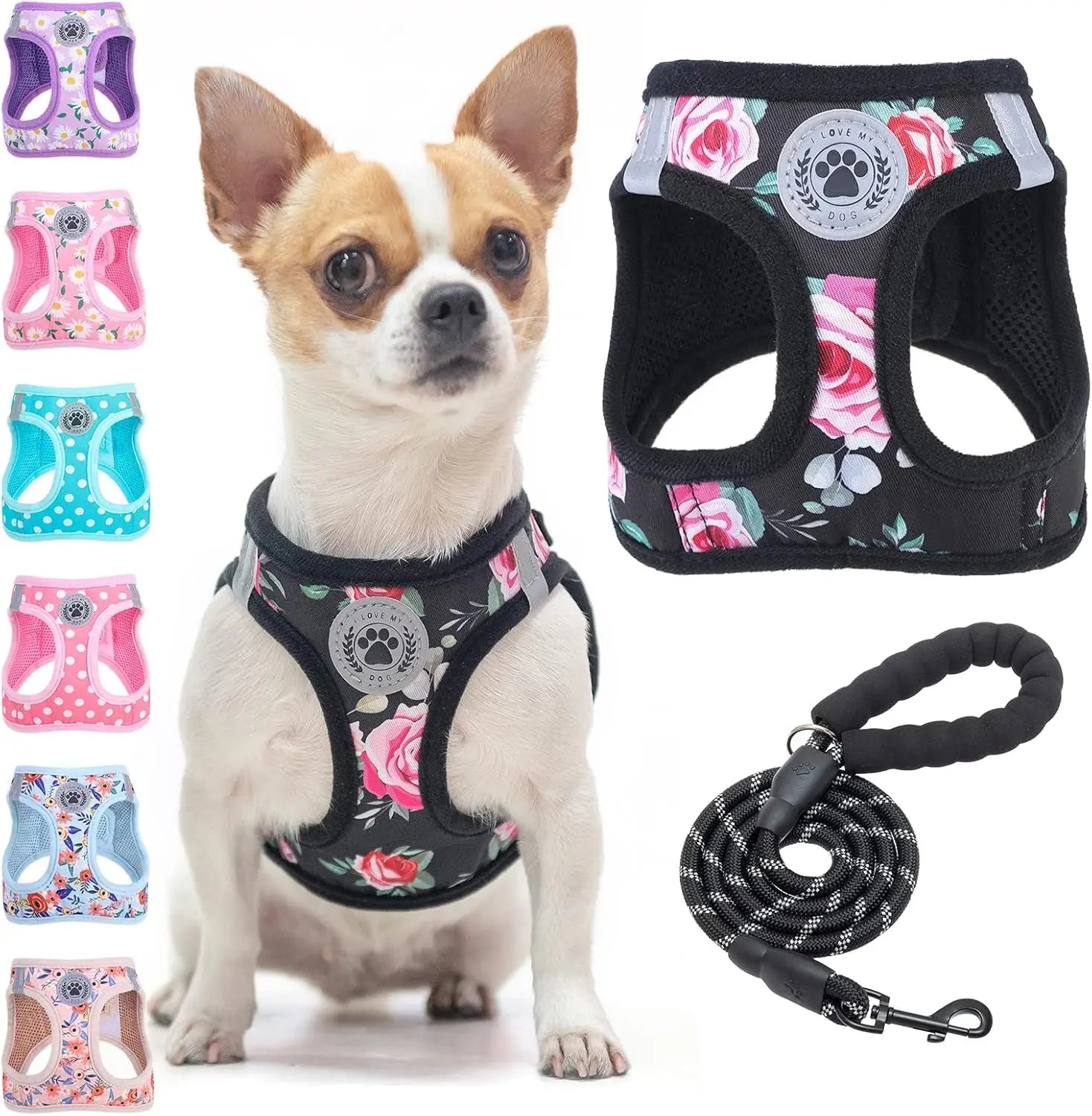 Step-In Dog Harness & Leash Set in Various Patterns – Reflective No Pull (XS- XL) Black Rose