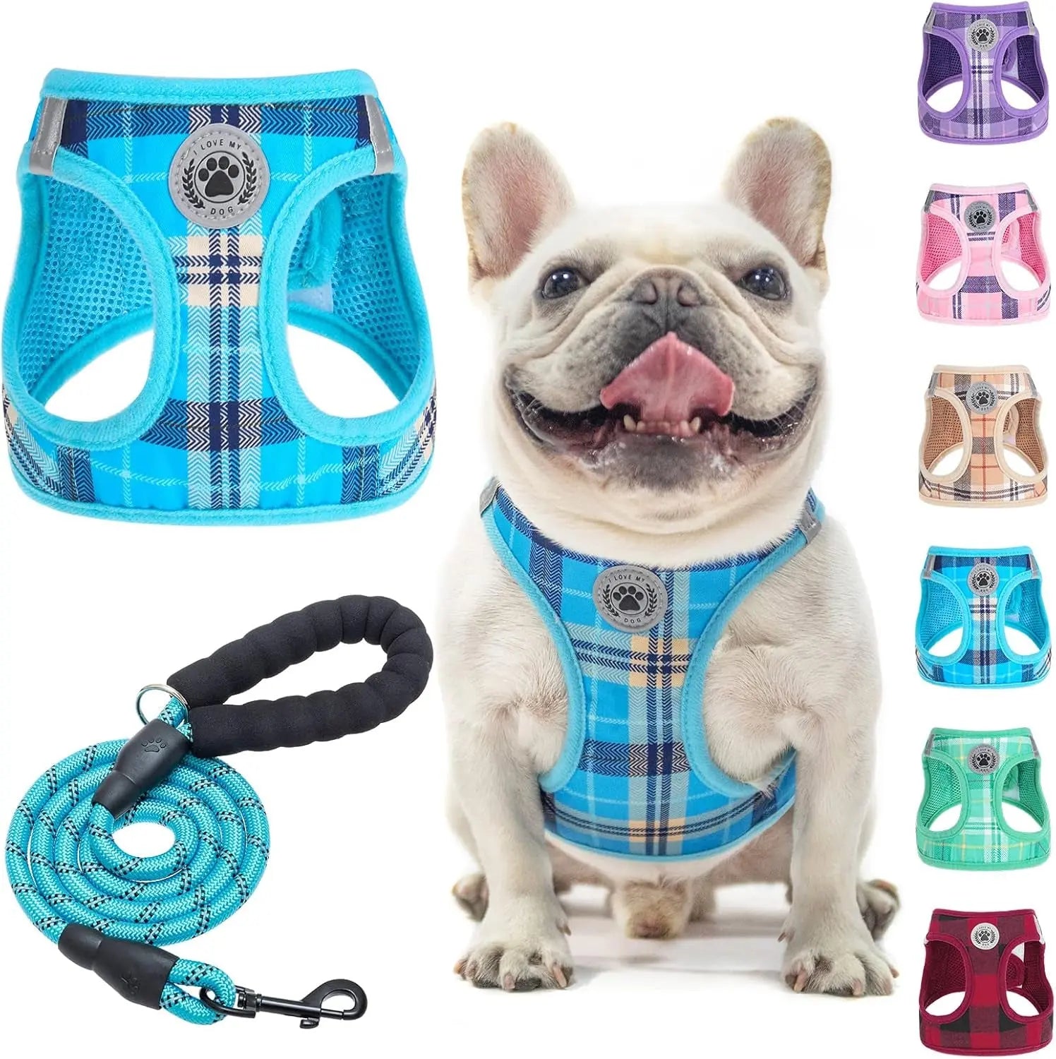 Step-In Dog Harness & Leash Set in Various Patterns – Reflective No Pull (XS- XL) Blue