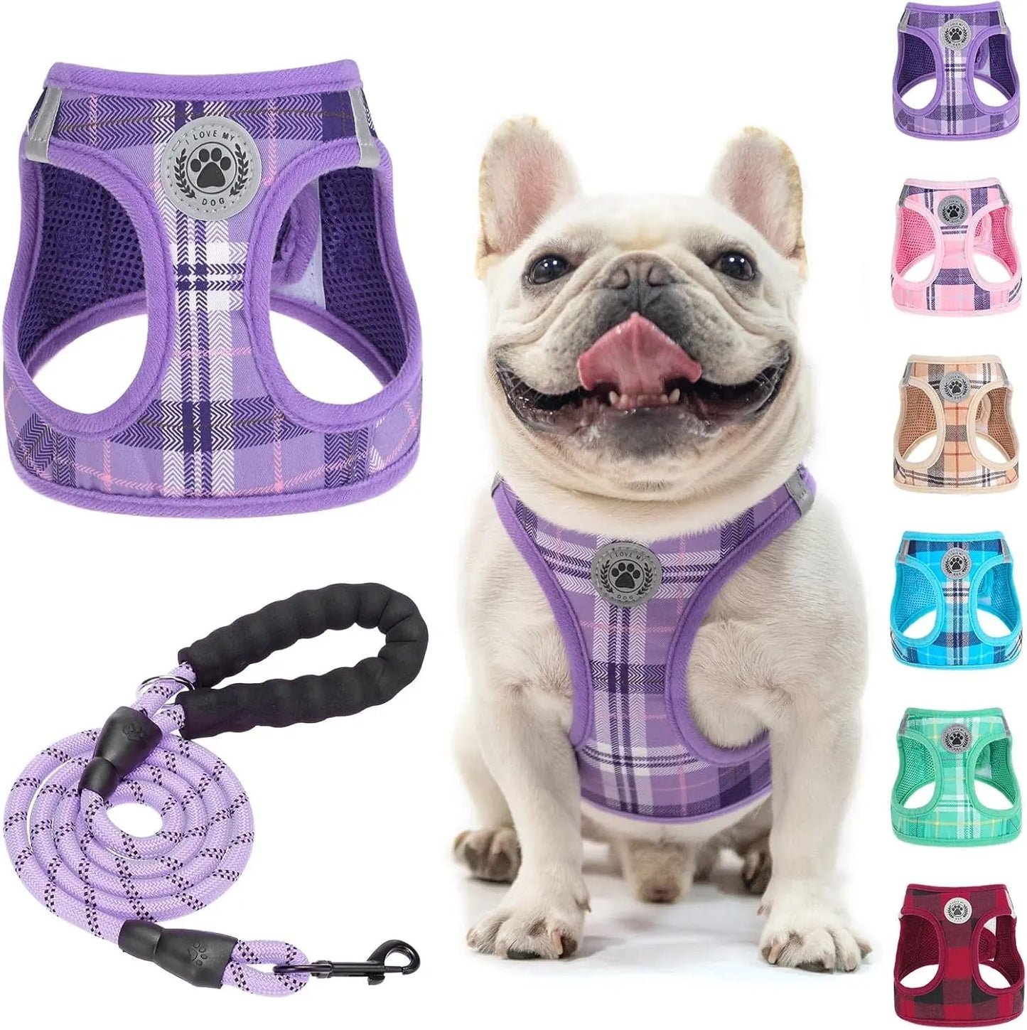 Step-In Dog Harness & Leash Set in Various Patterns – Reflective No Pull (XS- XL) Purple