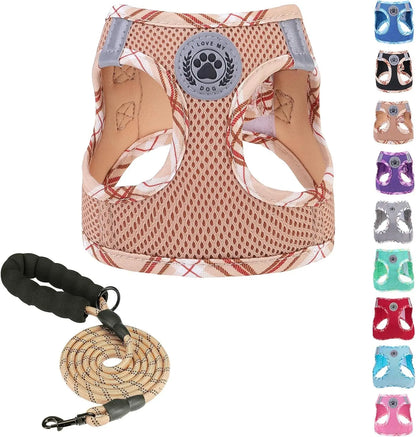 Step-In Dog Harness & Leash Set in Various Patterns – Reflective No Pull (XS- XL) Beige_Plaid X-Large(Chest Girth 20" - 23")