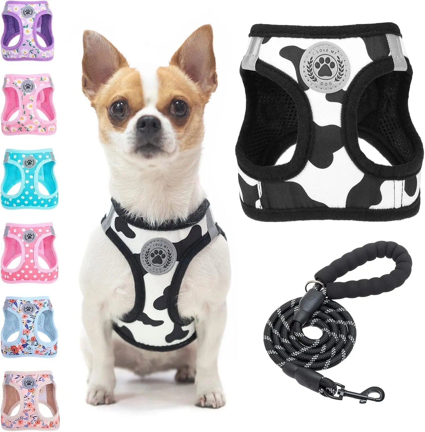 Step-In Dog Harness & Leash Set in Various Patterns – Reflective No Pull (XS- XL) Black White