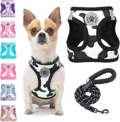 Step-In Dog Harness & Leash Set in Various Patterns – Reflective No Pull (XS- XL) Black White