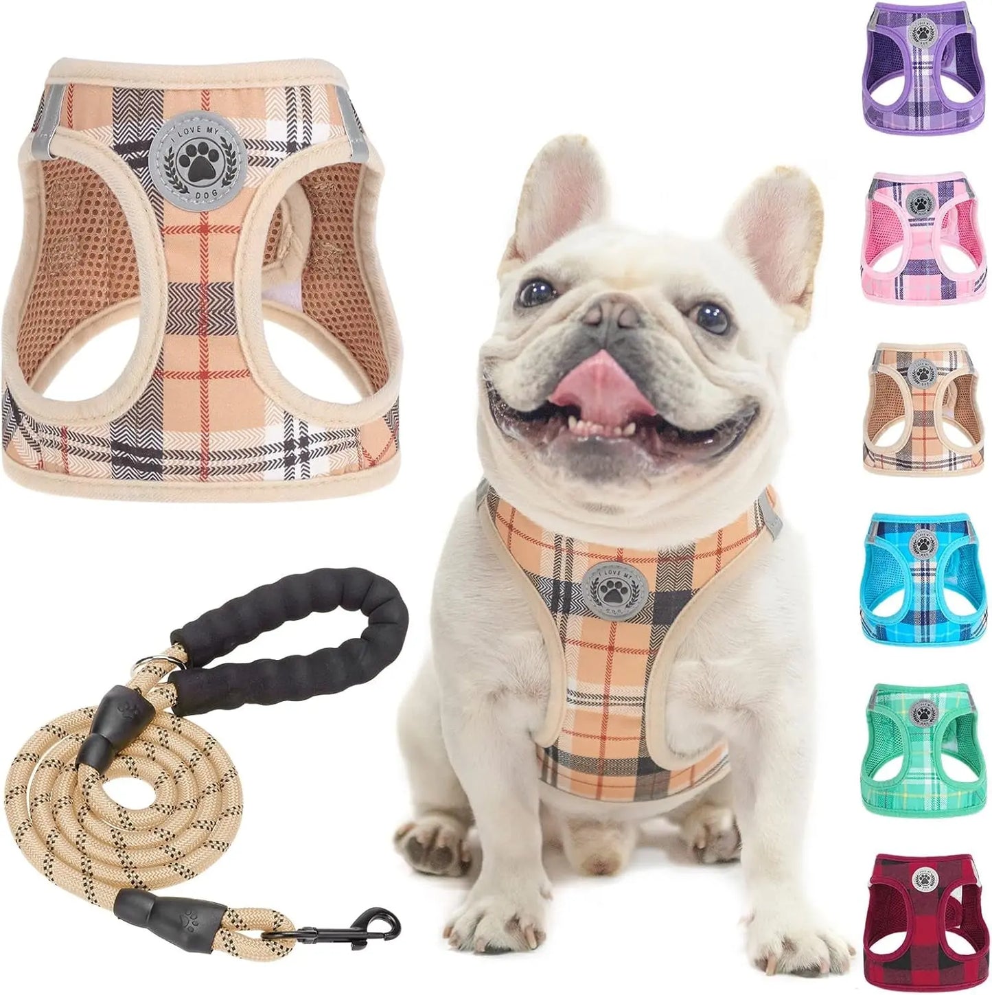 Step-In Dog Harness & Leash Set in Various Patterns – Reflective No Pull (XS- XL) Beige