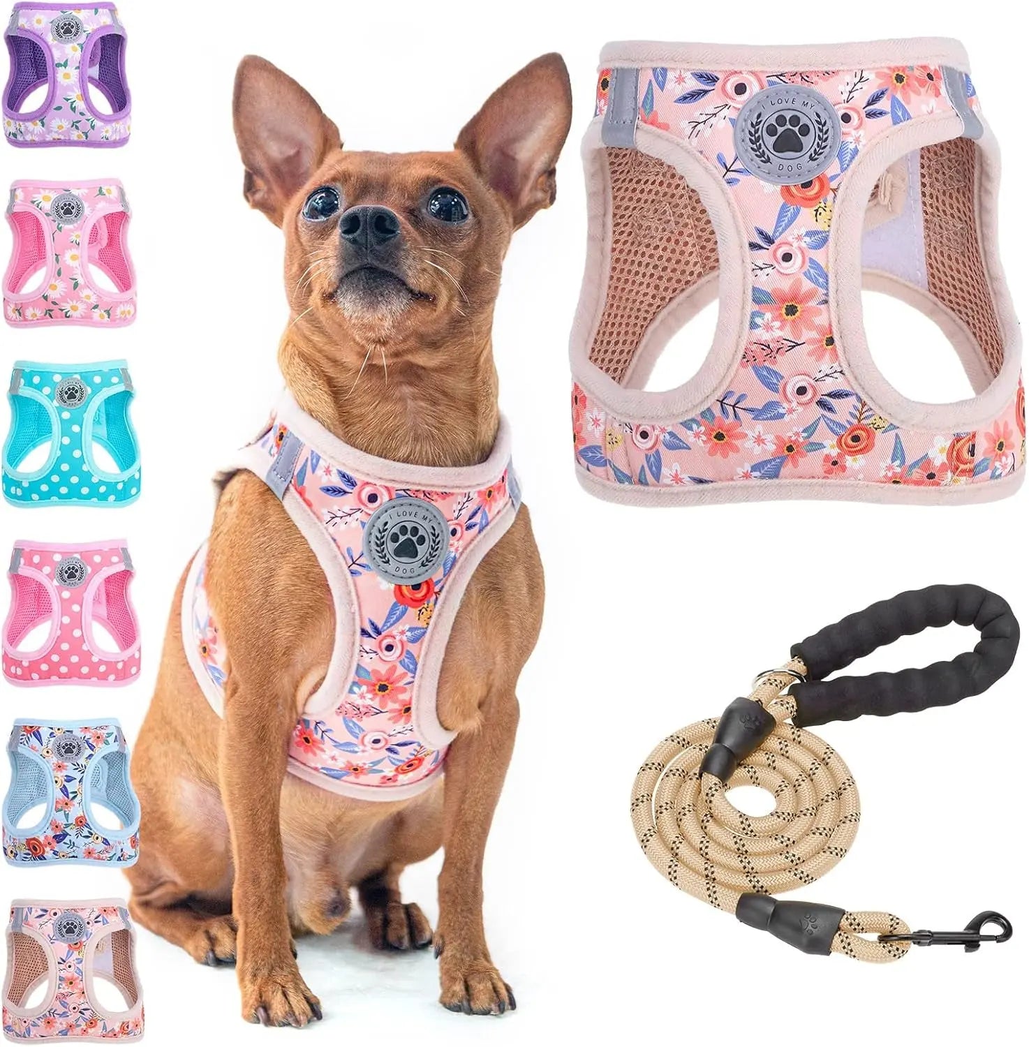 Step-In Dog Harness & Leash Set in Various Patterns – Reflective No Pull (XS- XL) Pink Rose