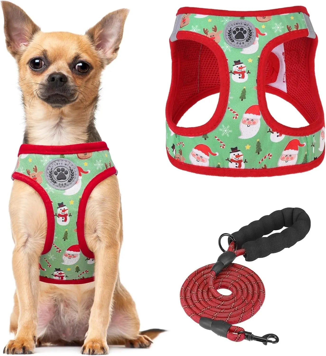 Step-In Dog Harness & Leash Set in Various Patterns – Reflective No Pull (XS- XL) Christmas