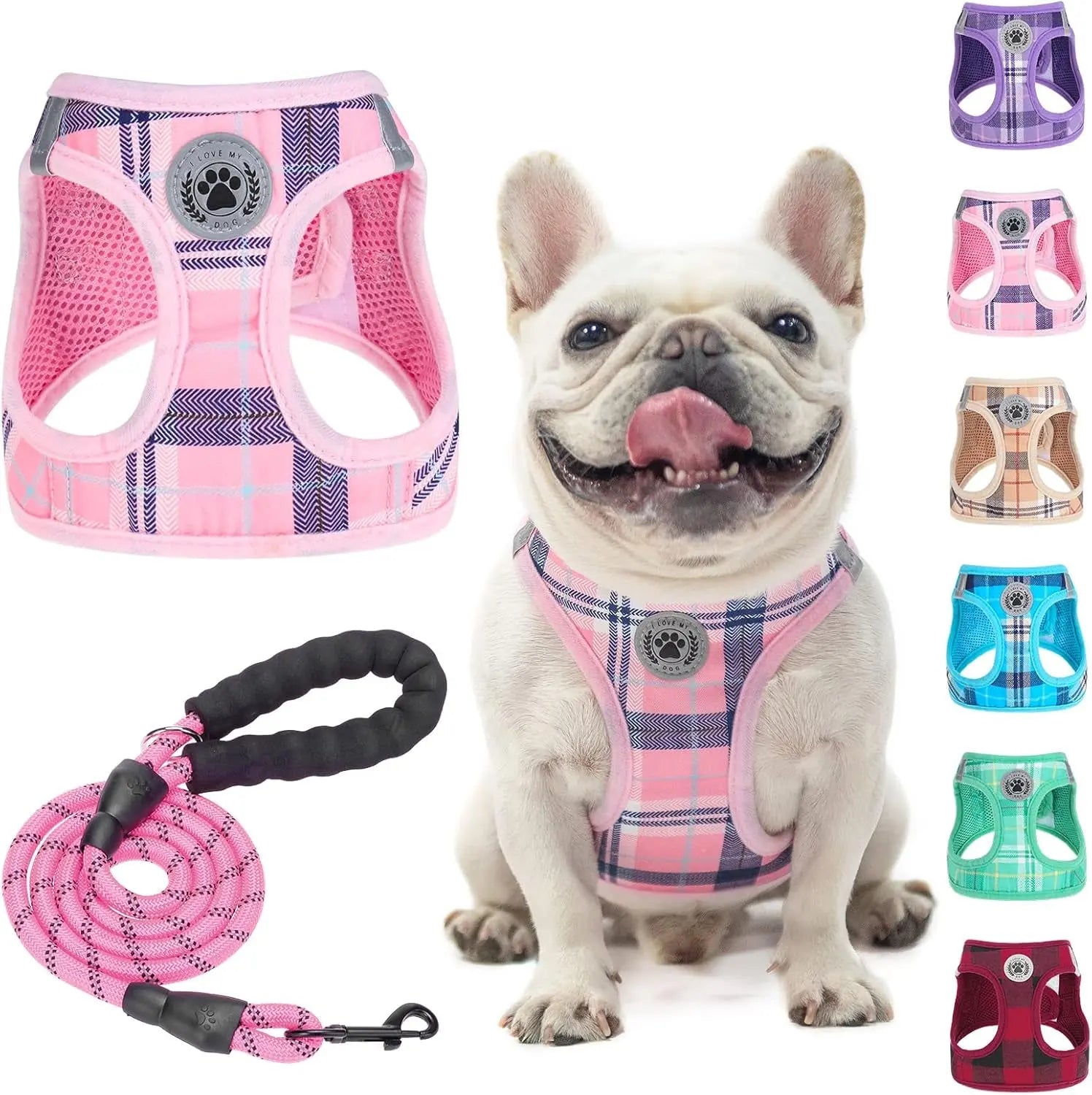 Step-In Dog Harness & Leash Set in Various Patterns – Reflective No Pull (XS- XL) Pink