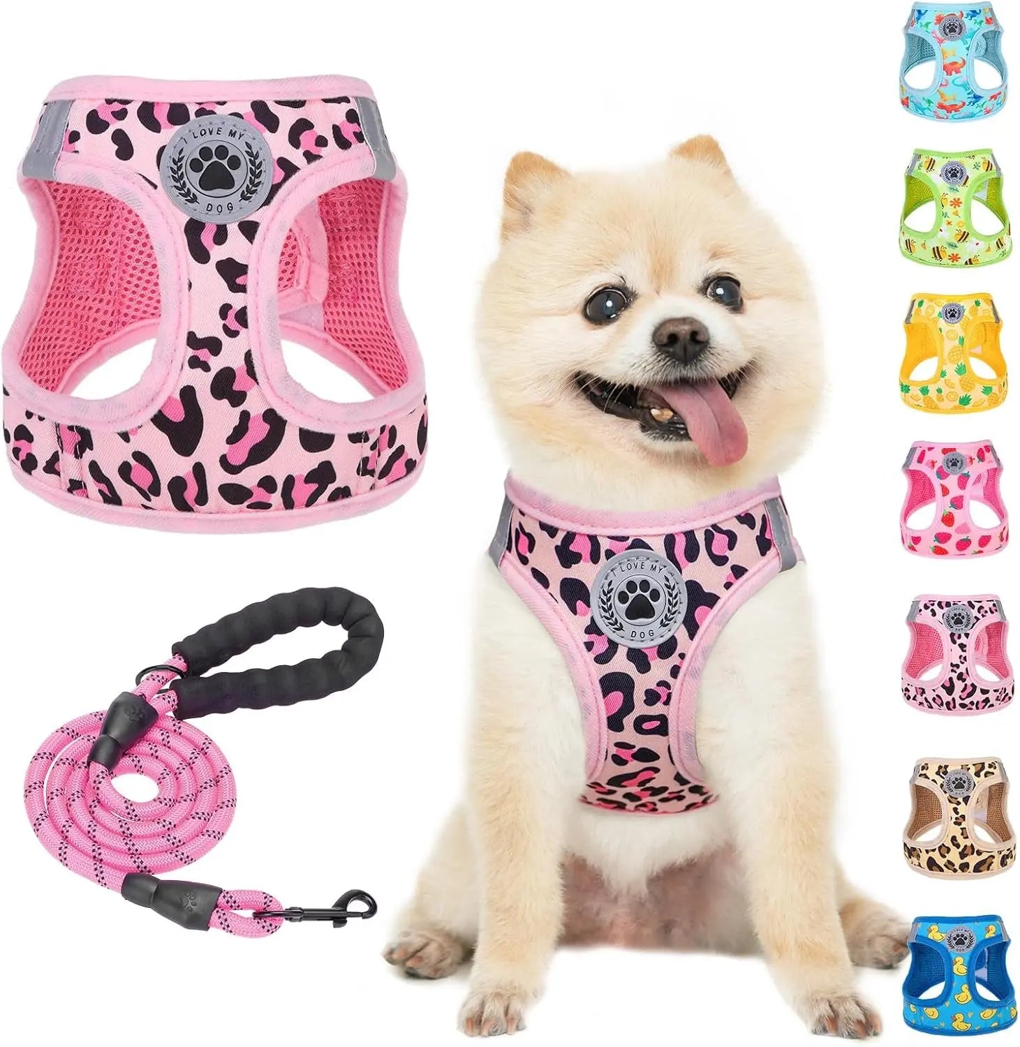 Step-In Dog Harness & Leash Set in Various Patterns – Reflective No Pull (XS- XL) Leopard Pink
