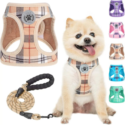 Step-In Dog Harness & Leash Set in Various Patterns – Reflective No Pull (XS- XL) Beige
