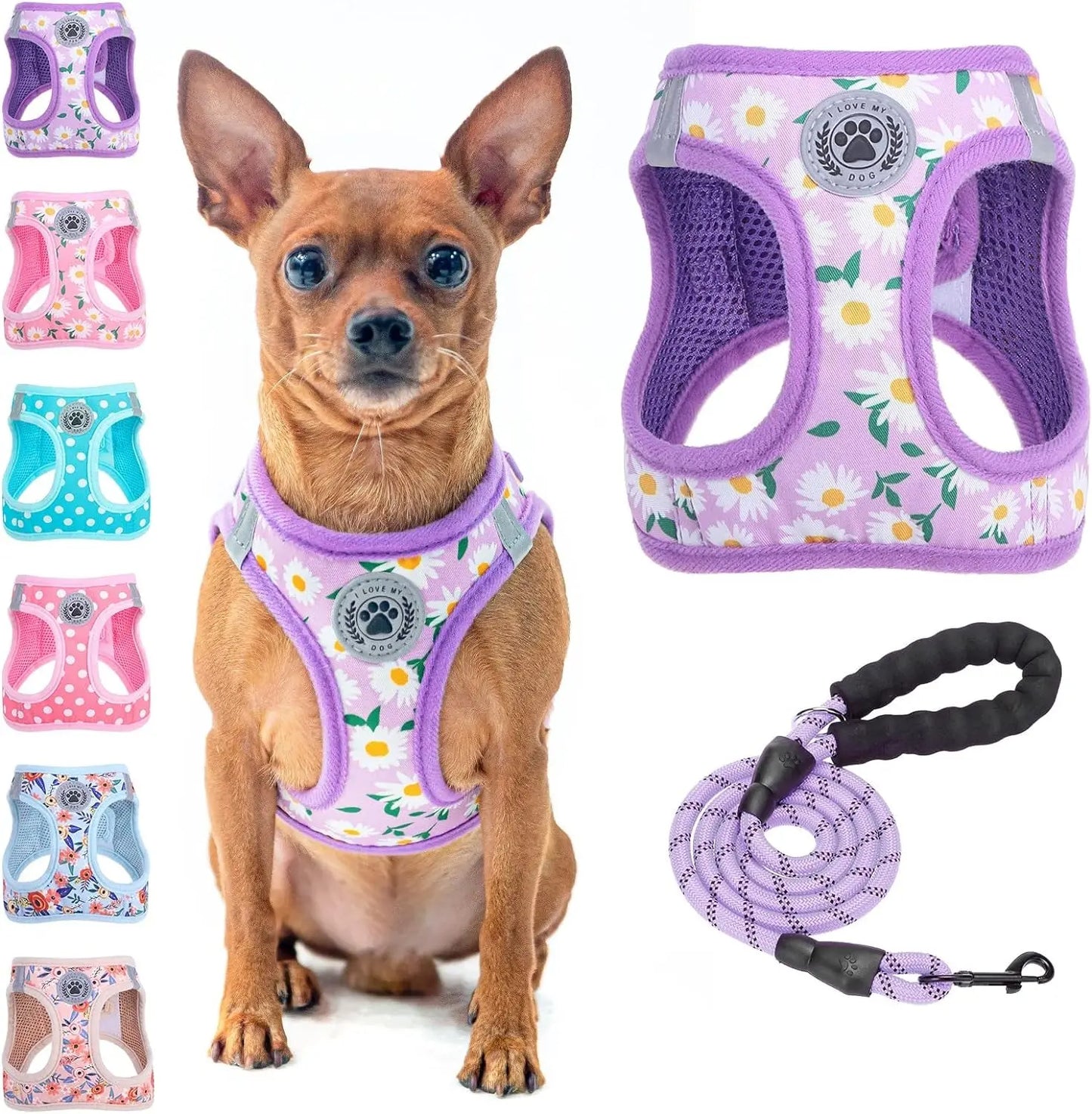 Step-In Dog Harness & Leash Set in Various Patterns – Reflective No Pull (XS- XL) Purple Daisy
