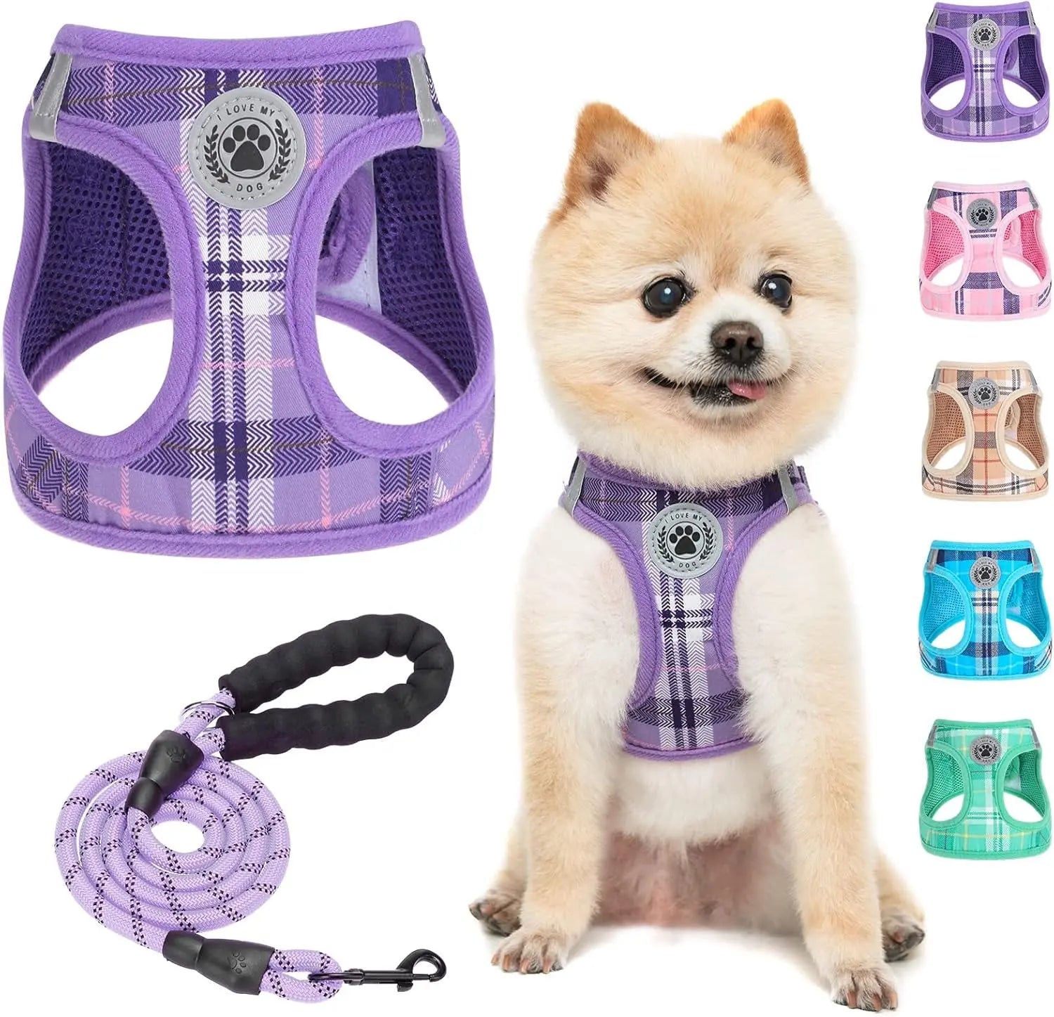 Step-In Dog Harness & Leash Set in Various Patterns – Reflective No Pull (XS- XL) Purple