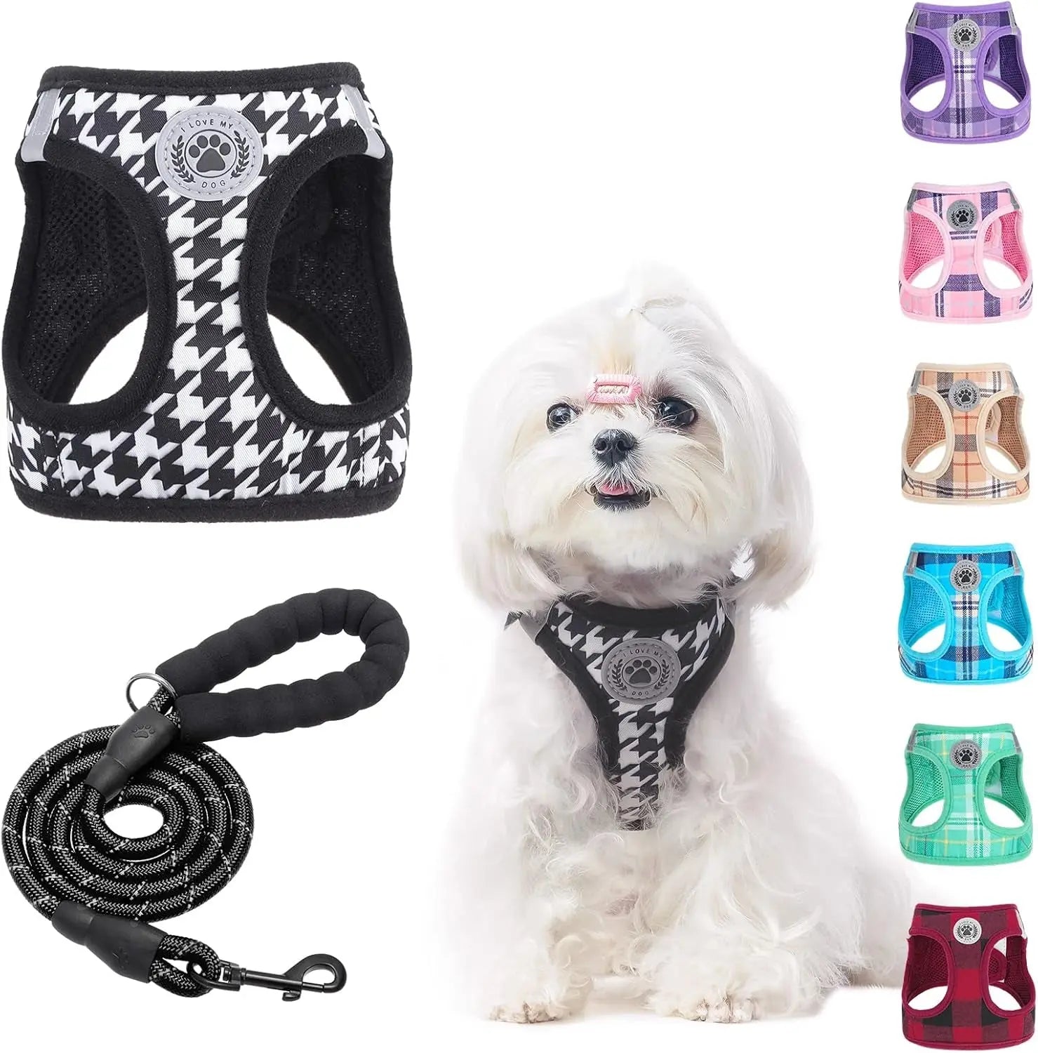 Step-In Dog Harness & Leash Set in Various Patterns – Reflective No Pull (XS- XL) Houndstooth(Black)