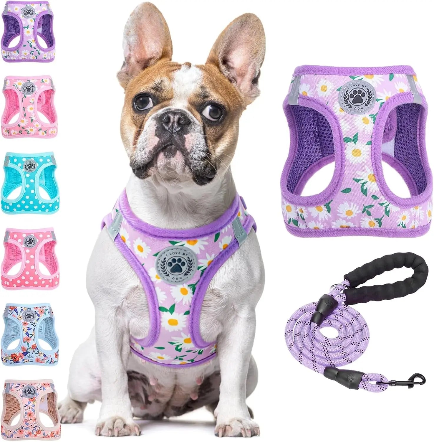 Step-In Dog Harness & Leash Set in Various Patterns – Reflective No Pull (XS- XL) Purple Daisy
