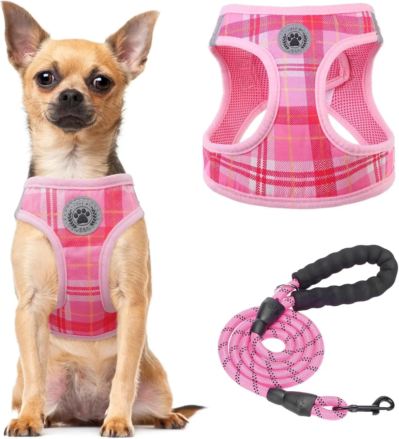 Step-In Dog Harness & Leash Set in Various Patterns – Reflective No Pull (XS- XL) Light Pink