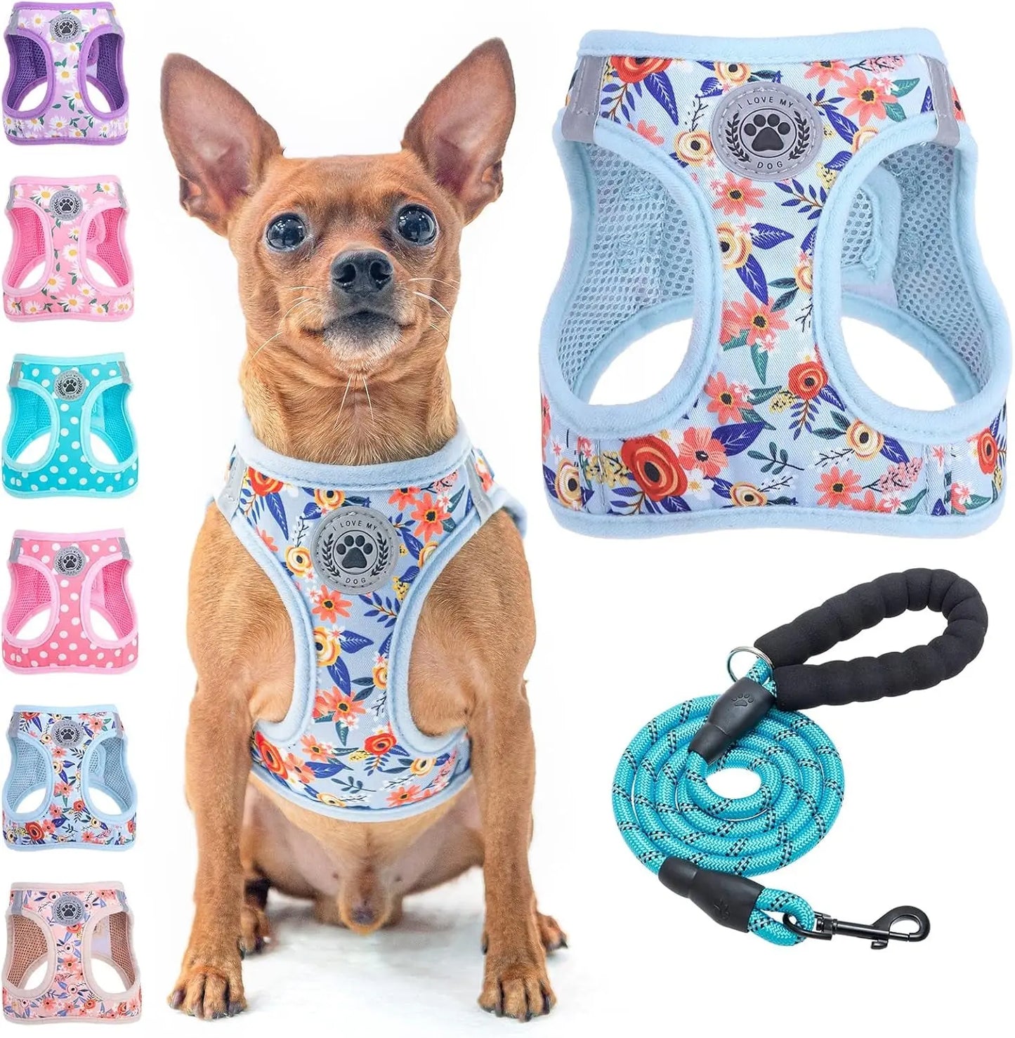 Step-In Dog Harness & Leash Set in Various Patterns – Reflective No Pull (XS- XL) Blue Rose