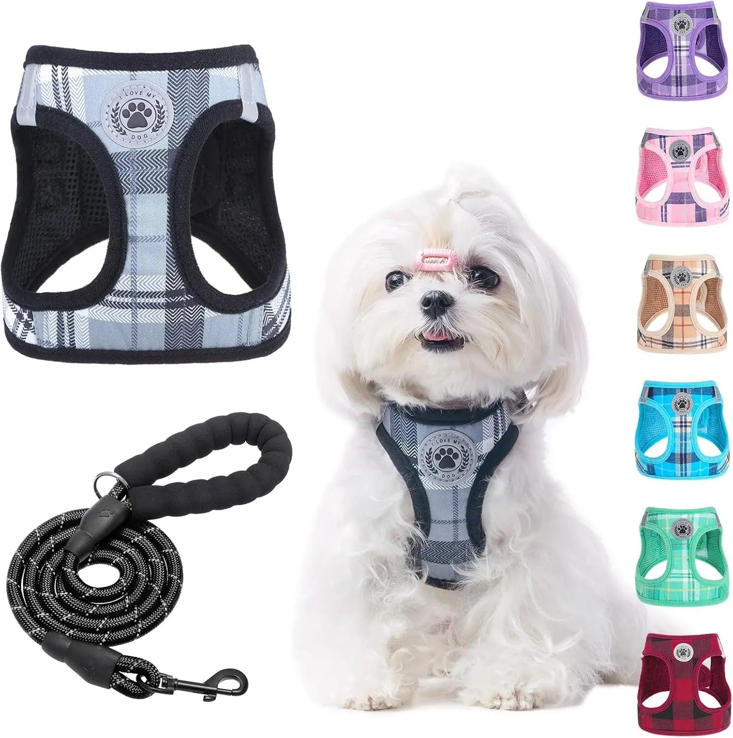 Step-In Dog Harness & Leash Set in Various Patterns – Reflective No Pull (XS- XL) Grey