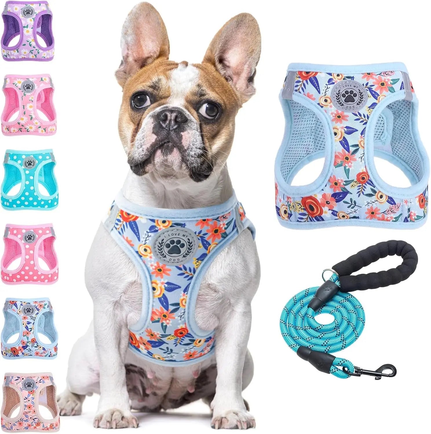 Step-In Dog Harness & Leash Set in Various Patterns – Reflective No Pull (XS- XL) Blue Rose