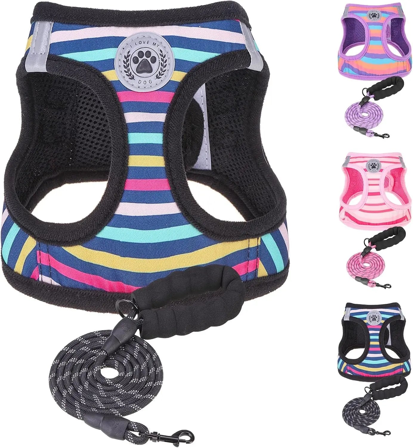 Step-In Dog Harness & Leash Set in Various Patterns – Reflective No Pull (XS- XL) Teal_Stripe Xx-Small(Chest Girth 11.5"-13")