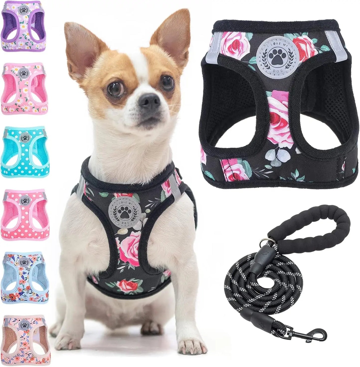Step-In Dog Harness & Leash Set in Various Patterns – Reflective No Pull (XS- XL) Black Rose