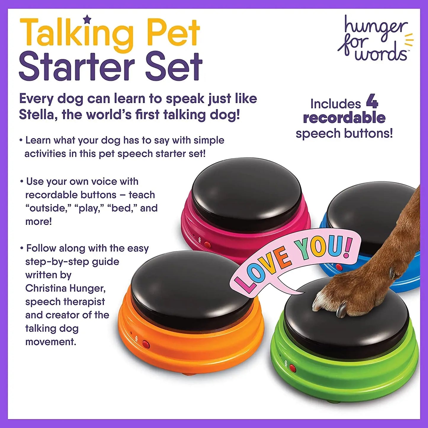 Talking Buttons for Dogs – 4-Pack Recordable Training Buttons with Guide