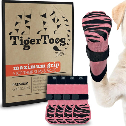 Tigertoes Non-Slip Dog Socks for Outdoors & Indoors, Extra Grip Paw Protection Sassy Pink