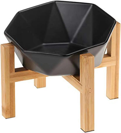 Tilted Elevated Ceramic Pet Bowl with Bamboo Stand | Modern Feeding Dish Black With Stand