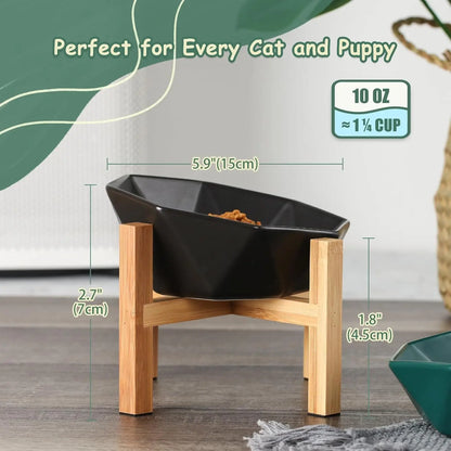 Tilted Elevated Ceramic Pet Bowl with Bamboo Stand | Modern Feeding Dish