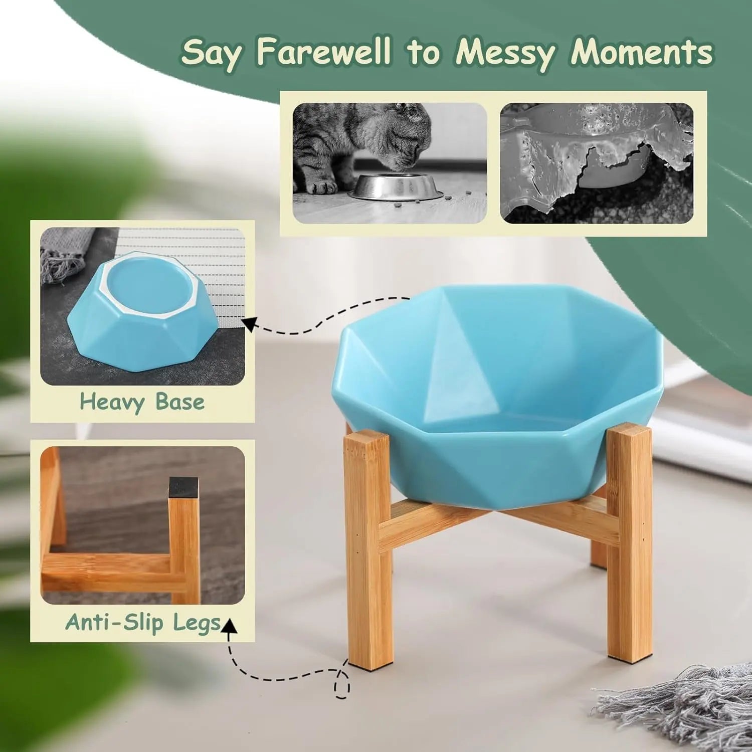 Tilted Elevated Ceramic Pet Bowl with Bamboo Stand | Modern Feeding Dish