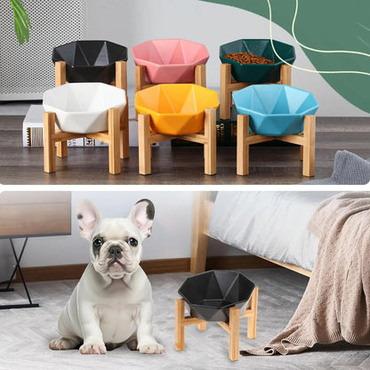 Tilted Elevated Ceramic Pet Bowl with Bamboo Stand | Modern Feeding Dish