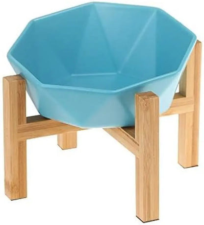 Tilted Elevated Ceramic Pet Bowl with Bamboo Stand | Modern Feeding Dish Blue With Stand