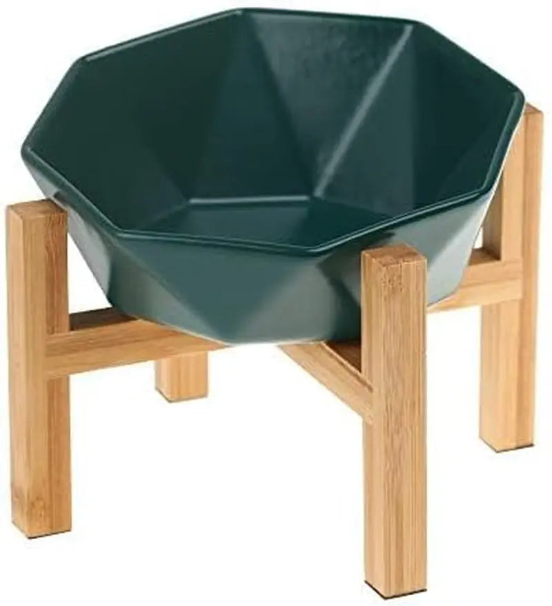 Tilted Elevated Ceramic Pet Bowl with Bamboo Stand | Modern Feeding Dish Green With Stand
