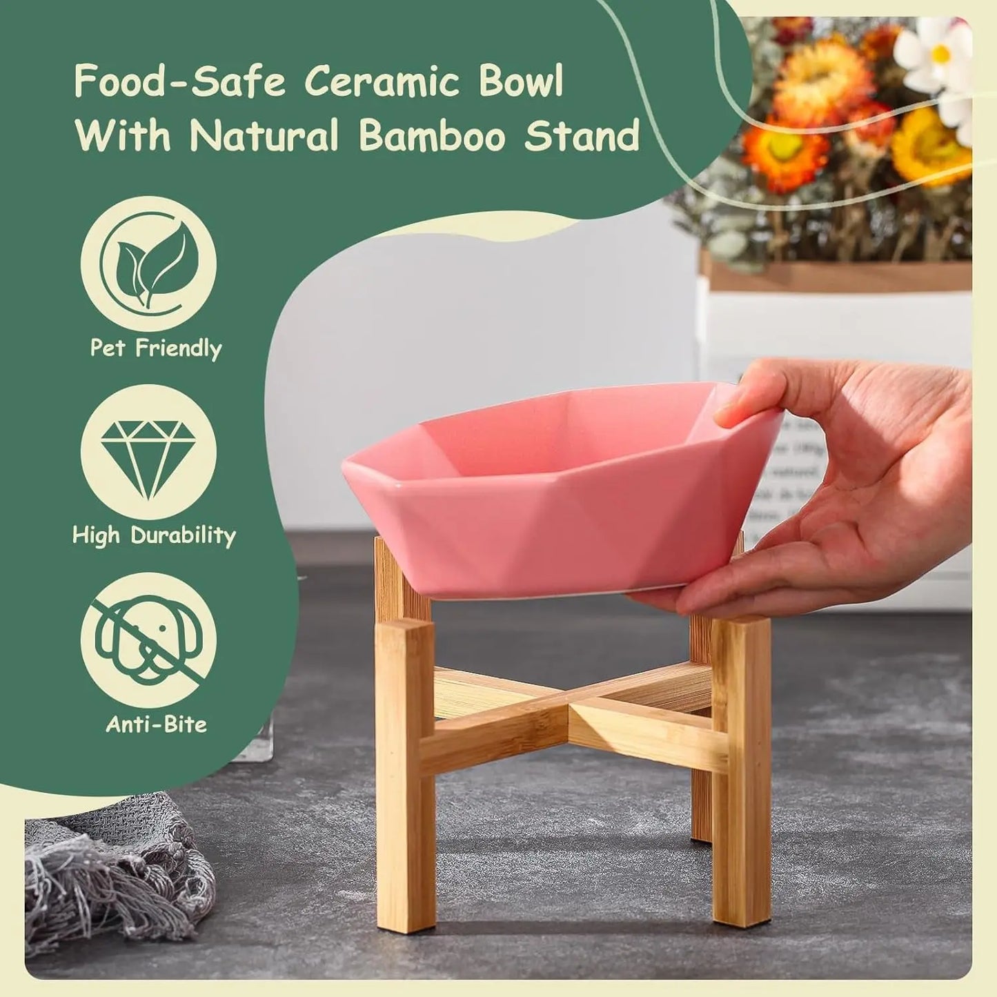 Tilted Elevated Ceramic Pet Bowl with Bamboo Stand | Modern Feeding Dish