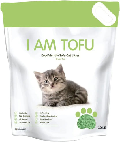 I AM TOFU - Tofu Cat Litter, Natural, Flushable, Dust Free Extra Clumping Pellet Litter (10 Lb Bag, Charcoal) Green Tea 10 Lbs