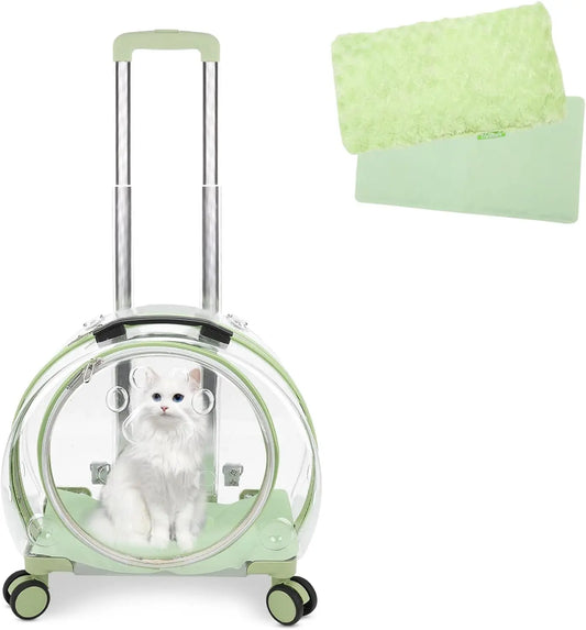 Transparent Rolling Cat & Dog Carrier – Breathable Hard Shell with Wheels & Strap Green