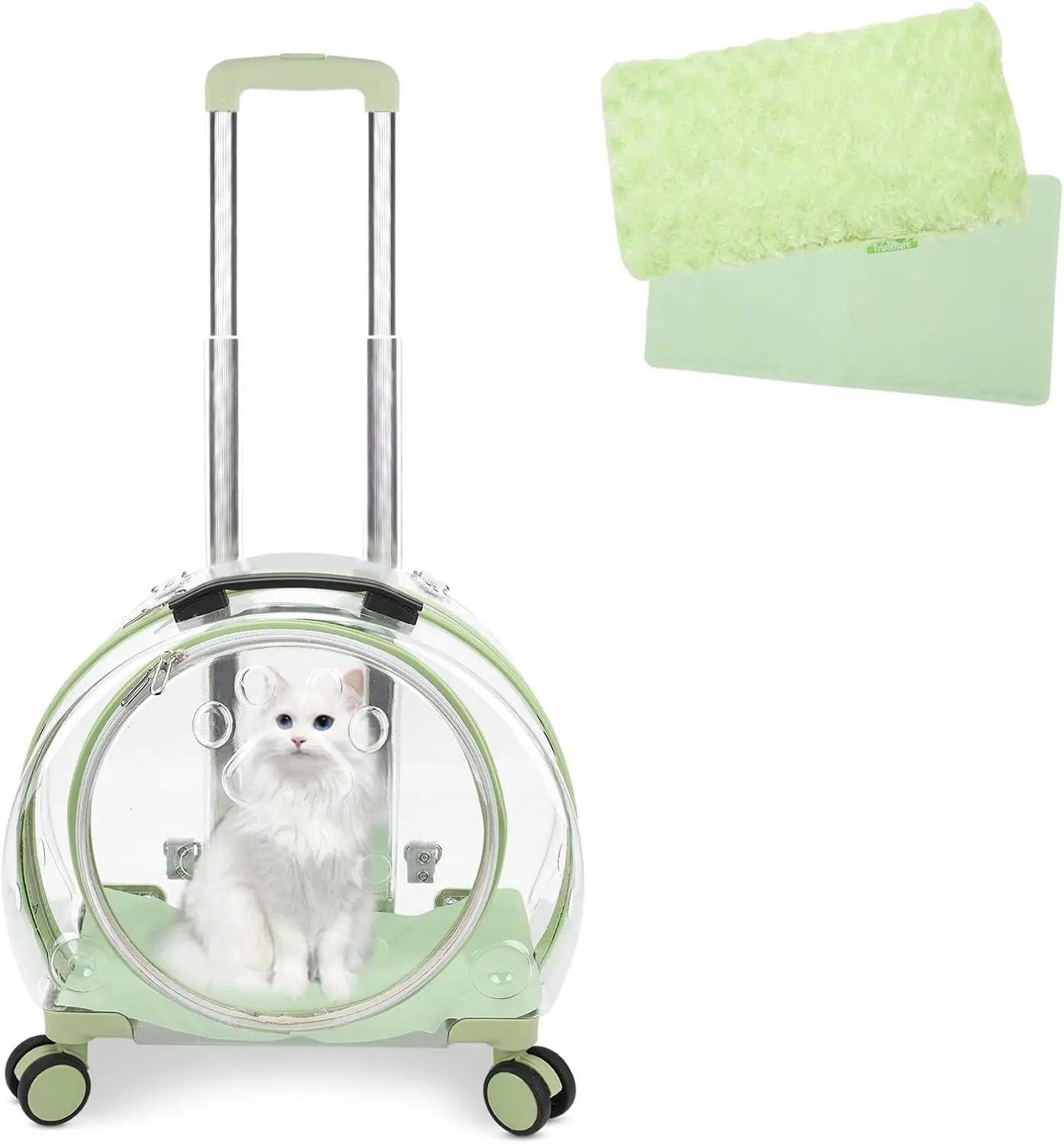 Transparent Rolling Cat & Dog Carrier – Breathable Hard Shell with Wheels & Strap Green