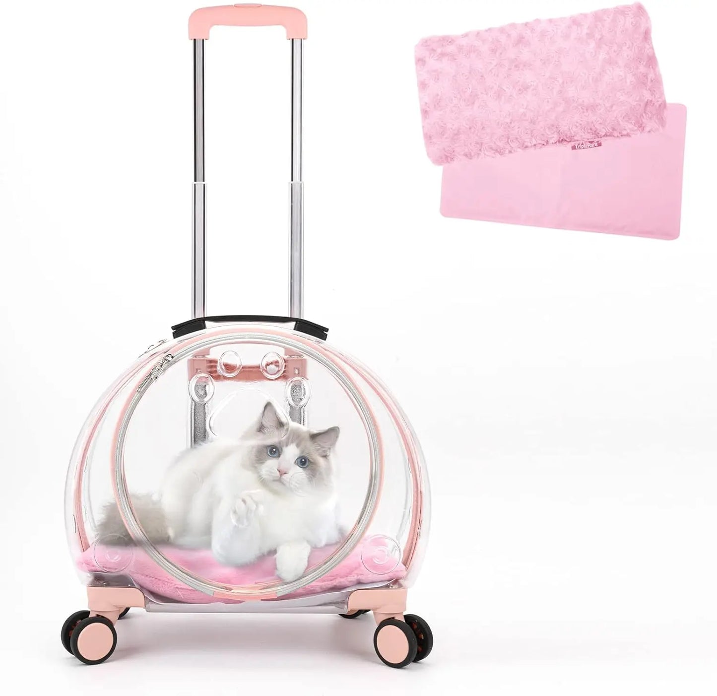 Transparent Rolling Cat & Dog Carrier – Breathable Hard Shell with Wheels & Strap Pink