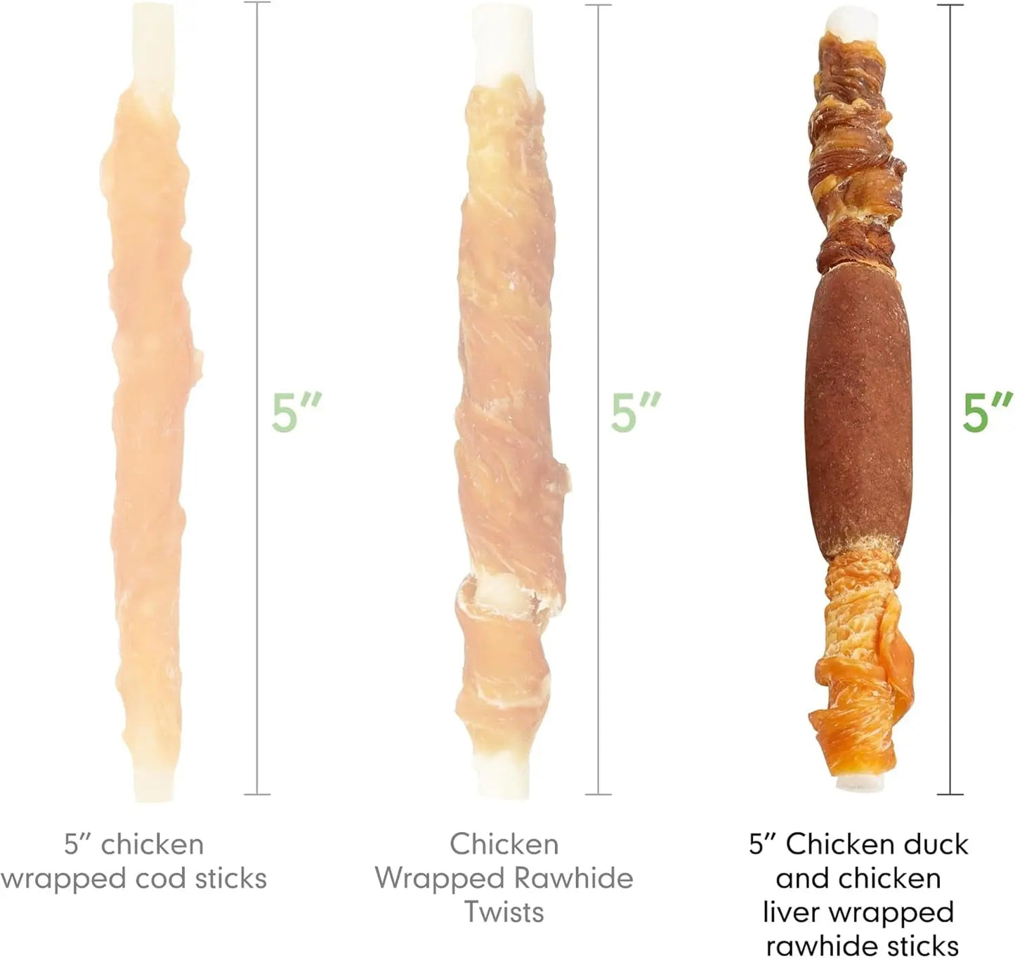 Triple Flavor Rawhide Dog Treats 5” Chicken, Duck & Chicken Liver Sticks
