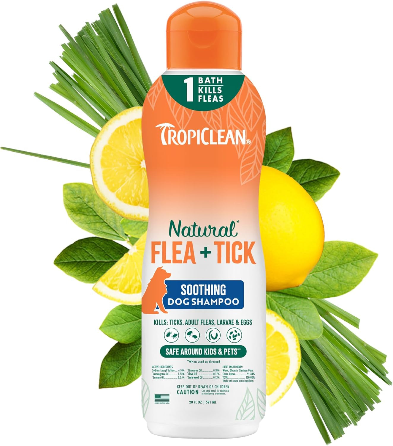 TropiClean Flea & Tick Dog Shampoo Natural Max Strength Treatment 20oz USA Soothing For Dry Skin 20 Oz