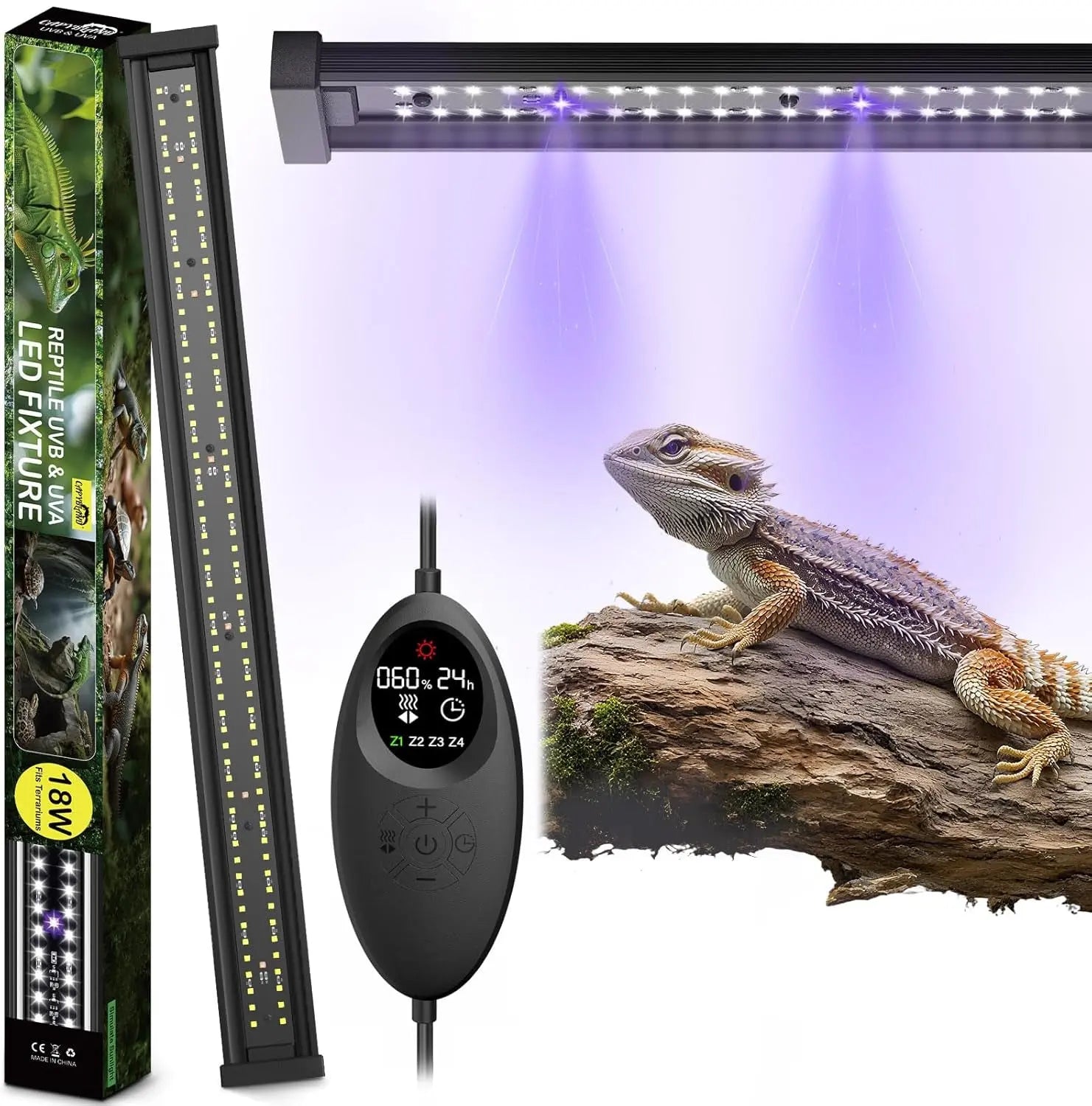 UVB Reptile Light 28.5” 18W LED UVA UVB Lamp with Auto Modes, Heat Dissipation & Timer for Terrariums Black