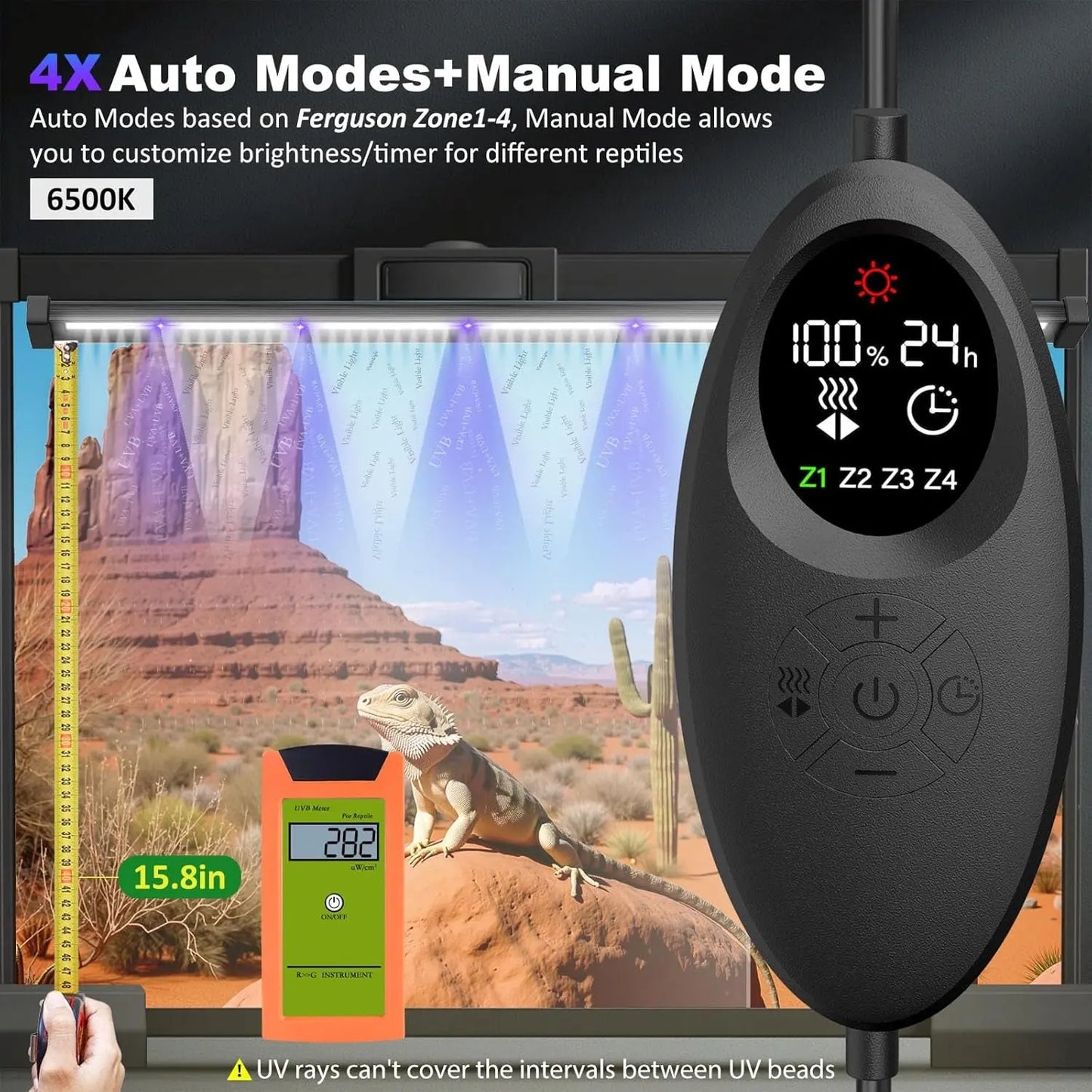 UVB Reptile Light 28.5” 18W LED UVA UVB Lamp with Auto Modes, Heat Dissipation & Timer for Terrariums