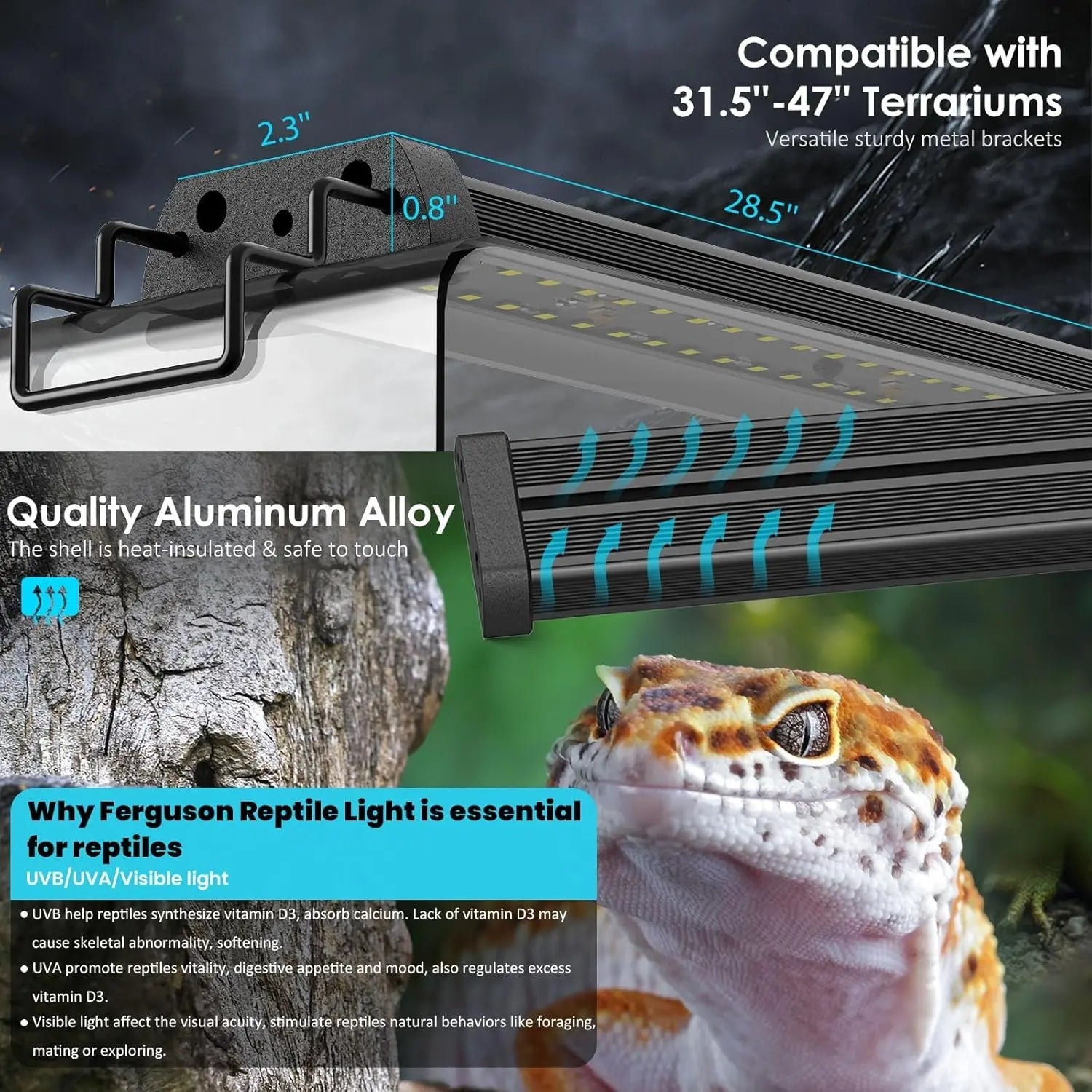 UVB Reptile Light 28.5” 18W LED UVA UVB Lamp with Auto Modes, Heat Dissipation & Timer for Terrariums