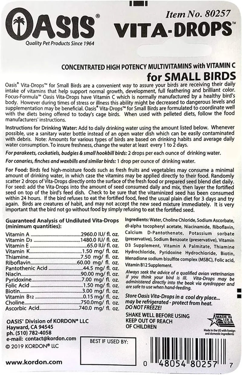 Vita Drops Small Bird Multivitamin Liquid 2oz Parakeet Canary Finch Care