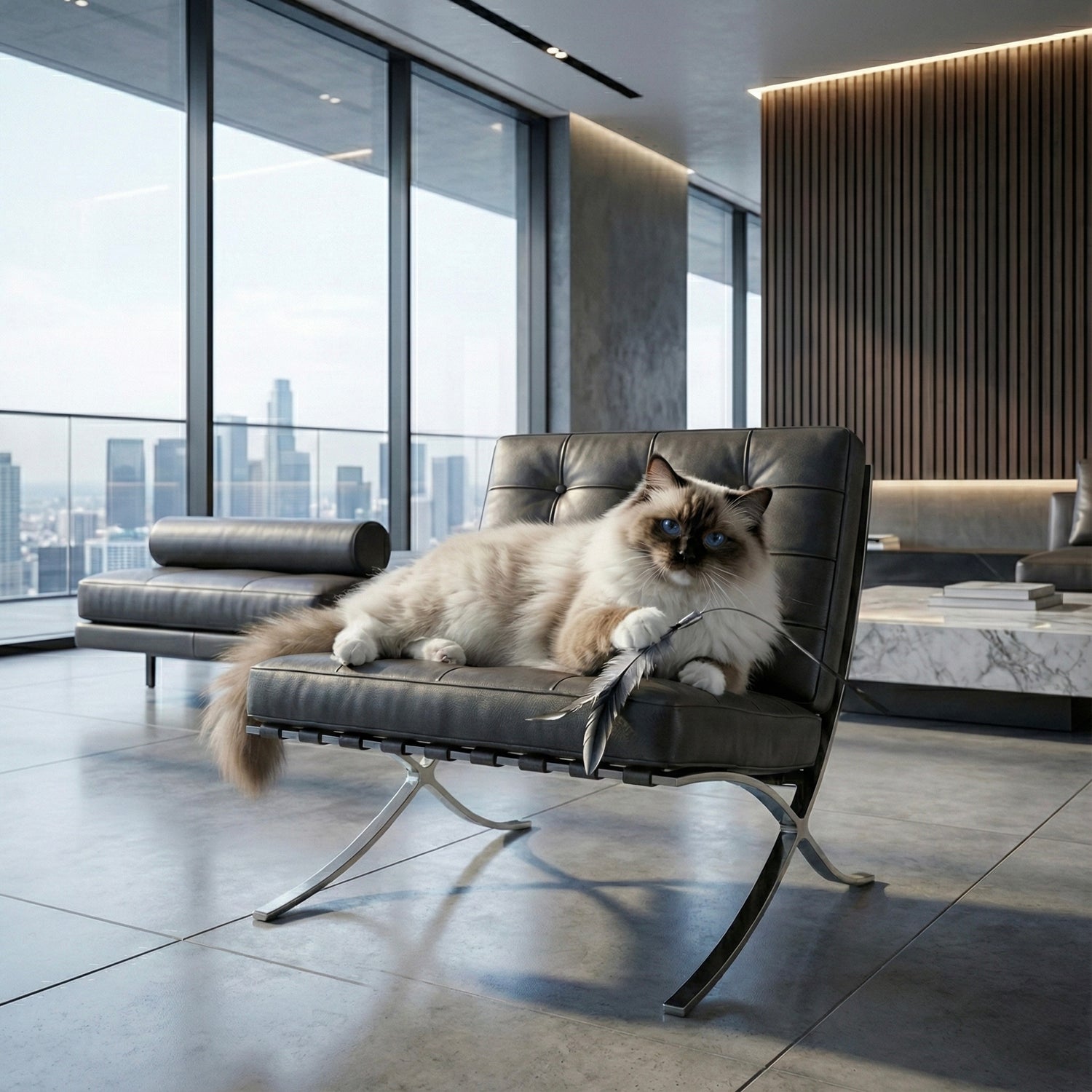 Cat lounging on a modern black leather chair in a stylish living room with cityscape view.