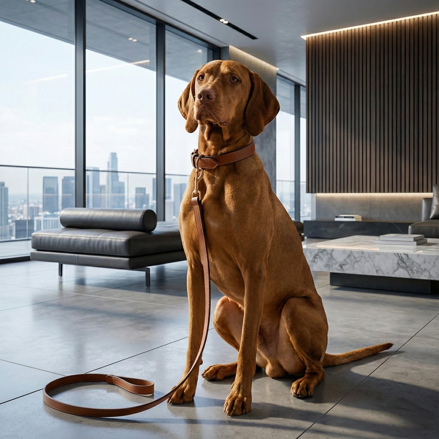 Brown dog sitting on a modern living room floor with a cityscape view through large windows.