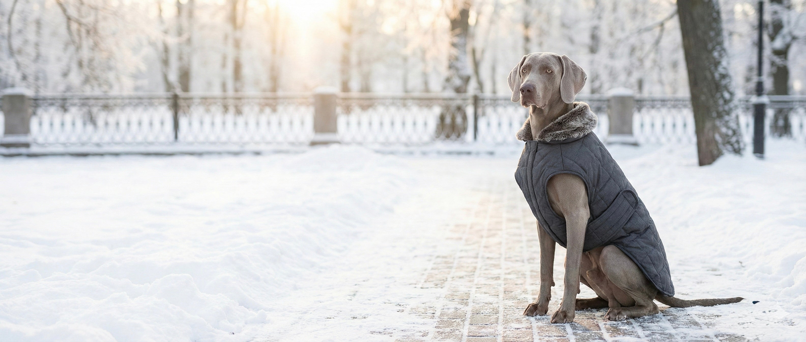 Dog wearing a winter coat sitting on a snow-covered path with trees in the background