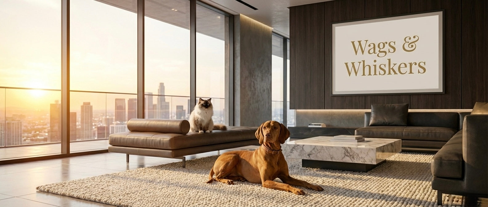 Two dogs in a modern living room with large windows and a cityscape view.