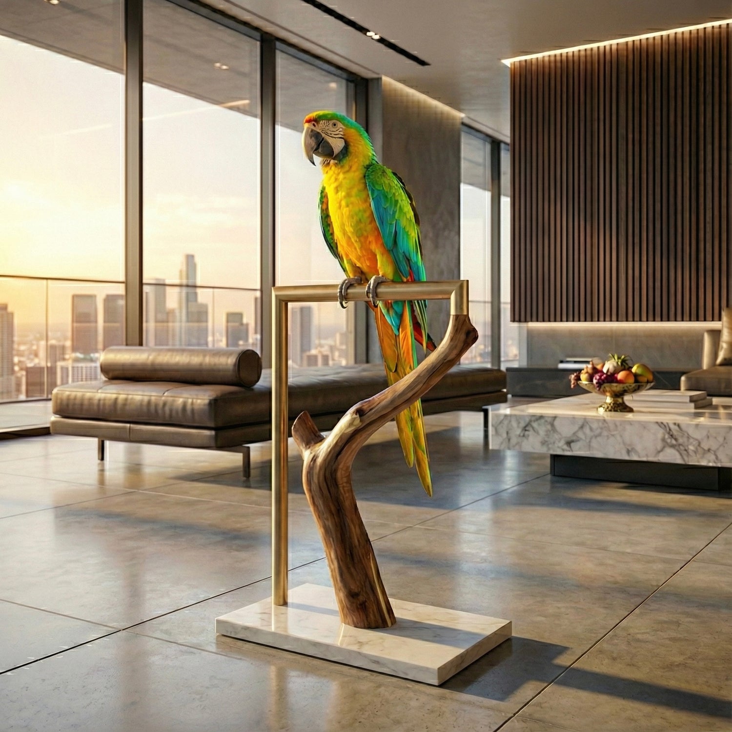 Colorful parrot perched on a wooden stand in a modern living room with cityscape view.