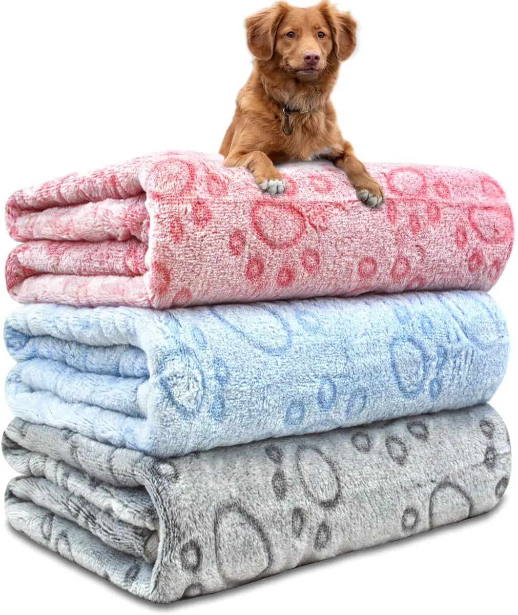 Washable Pet Blankets 3-Pack, Soft Fleece Crate & Bed Covers 41” x 31” Paw Print 41X31 Inch (Pack Of 3)